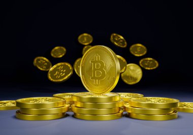 Bitcoin şifreleme 3D fütüristik blok zinciri dijital pazarlama. İleride kazanç ve satın alma için para birimi pazarı