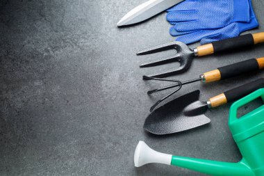 Bahçe aletleri bahçeniz için çoklu enstrüman ve tasarımınız için pankartlı çiçek. Tarım araçları için üst görünüm alanı evde kalmak için hooby.