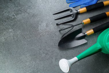 Bahçe aletleri bahçeniz için çoklu enstrüman ve tasarımınız için pankartlı çiçek. Tarım araçları için üst görünüm alanı evde kalmak için hooby.