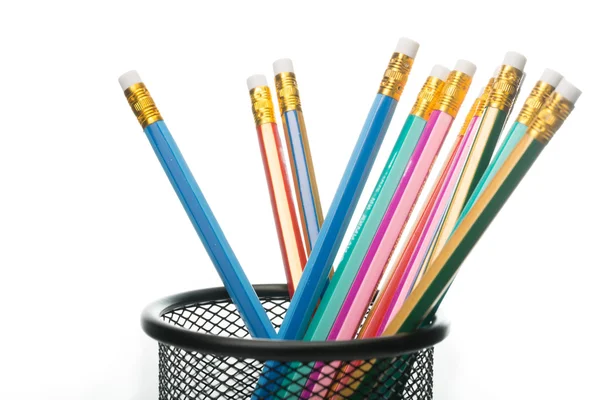 Pencils inside black metal basket isolate — Stock Photo, Image