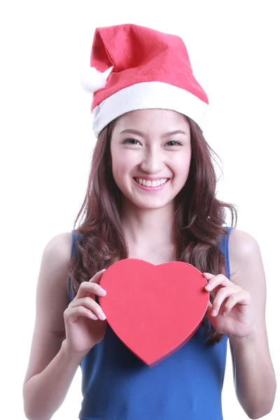 Schöne asiatische Weihnachtsmann Mädchen halten Geschenk — Stockfoto