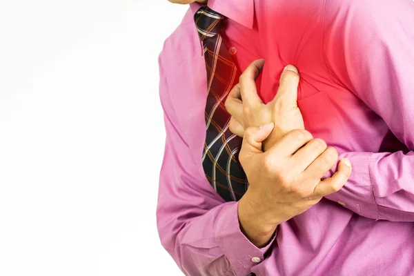 Zakenman Met Handen Voor Pers Zijn Borst Hartaanval Gevoel Met — Stockfoto