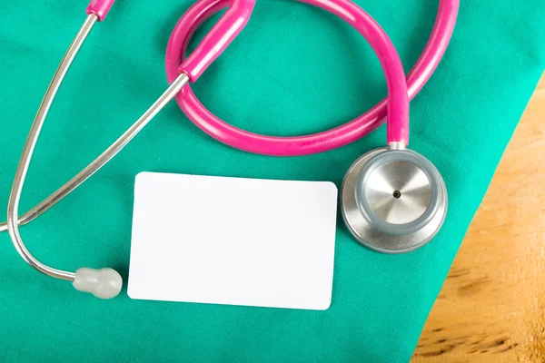 Stethoscope Blank White Name Card Doctor Green Shirt — Stock Photo, Image