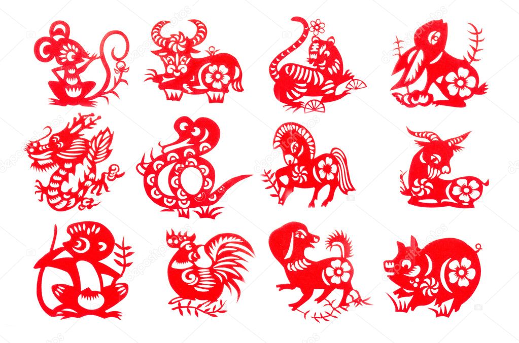 Chinese zodiac 12 set red paper cut collection traditional which import from China for decoration in Chinese new year festival .