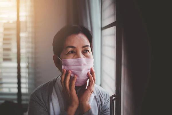 Idosos Asiáticos Mulheres Usando Máscaras Proteger Corona Vírus Covid Casa — Fotografia de Stock