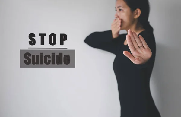 Contro Donna Mani Aperte Con Parola Stop Suicidio Sfondo Bianco — Foto Stock