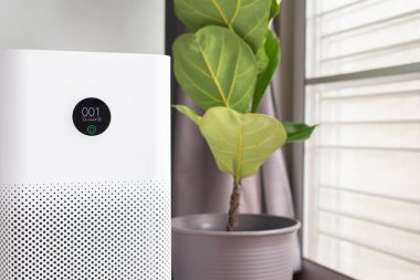 Evdeki temiz hava akışı için oturma odasında beyaz, modern hava temizleyici, gelişmiş hava temizleme ve Pm2.5 'u koruma
