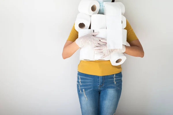 Woman Stocking Toilet Paper Roll Quarantine Situation Coronavirus Epidemic Outbreak — Stock Photo, Image