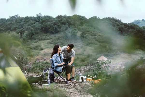 Enjoying Camping Couple Lover Tent Feeling Happy Smiling — Stok fotoğraf