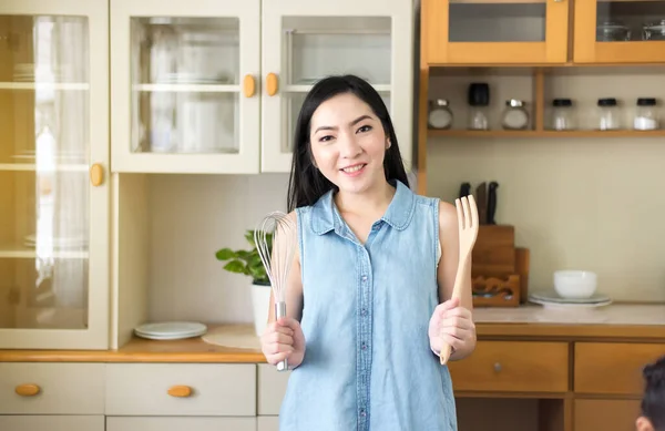 Beautiful Young Asian Woman Cooking Kitchen Happy Smiling Royalty Free Stock Photos
