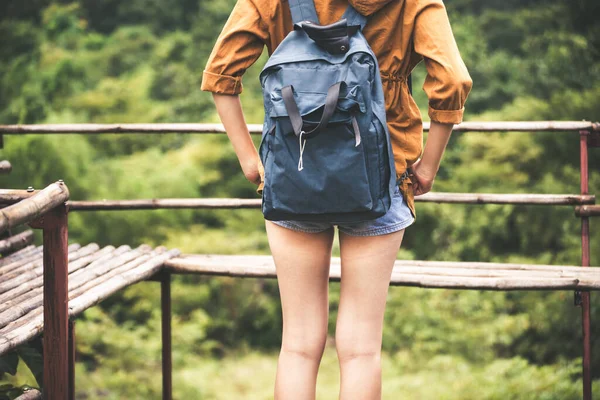 Primer Plano Mujer Viajera Pie Mirando Hermosa Naturaleza Aire Libre — Foto de Stock