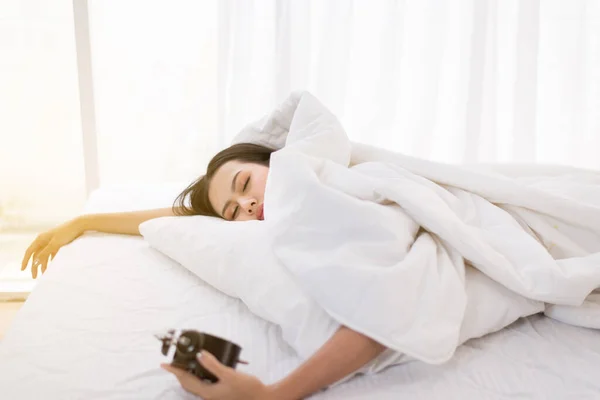 Bored Young Asian Woman Hates Getting Stressed Waking Early Bed — Stock Photo, Image