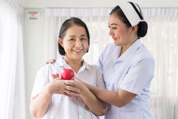 Krankenschwester Und Asiatische Ältere Frau Halten Herz Rotes Modell Auf — Stockfoto