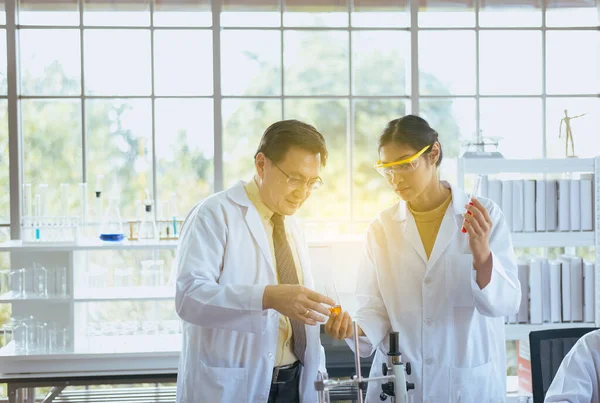 Asian Scientist Working Explaining Research Information Together Laboratory — Stock Photo, Image
