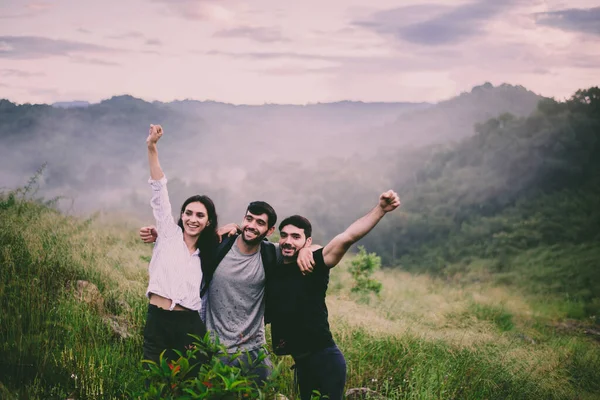 Doğada Kamp Yapmaktan Keyif Alan Bir Grup Arkadaş Elleri Havada — Stok fotoğraf