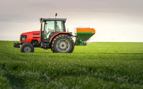 Traktor gödsling i fältet — Stockfoto