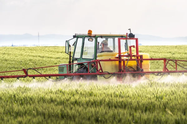 Traktor bespruta vete fält — Stockfoto