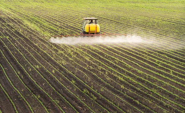 Traktor bespruta sojabönor fält — Stockfoto