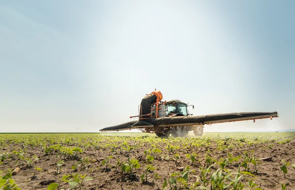 Trekker spuiten van pesticiden — Stockfoto