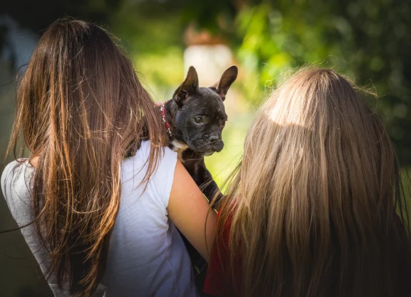 Giovani ragazze con cucciolo di bulldog francese — Foto Stock