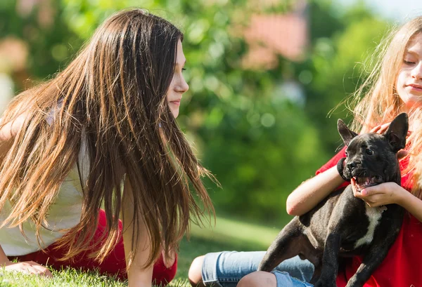 Mladé dívky s Francouzi buldok štěně — Stock fotografie