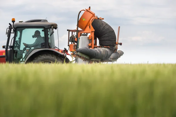 Traktor bespruta vete fält — Stockfoto