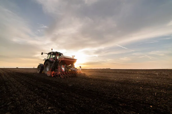 Landwirt Mit Traktoraussaat Aussaat Von Feldfrüchten Pflanzen Weizen — Stockfoto