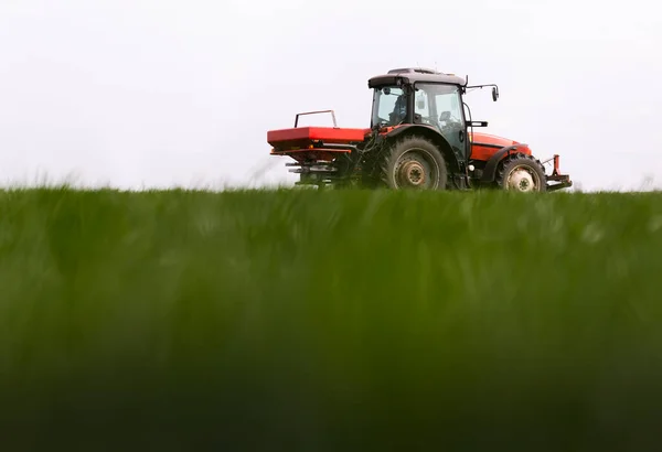 Traktor Menyebarkan Pupuk Buatan Transportasi Pertanian — Stok Foto