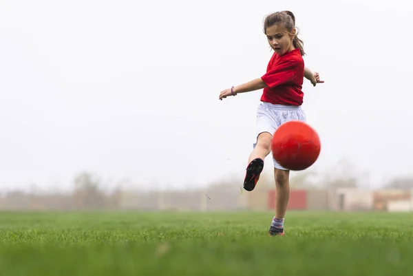 Girl Kicks Soccer Ball Soccer Field — Stock Photo, Image