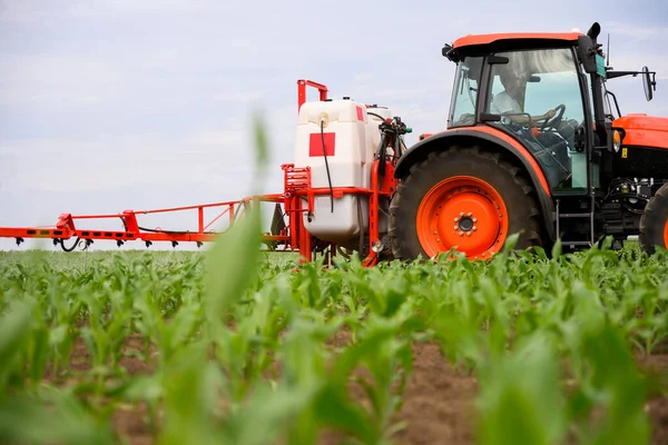 Traktor Penyemprotan Pestisida Ladang Jagung Dengan Penyemprot Musim Semi — Stok Foto