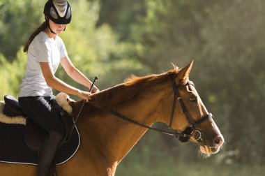 Genç güzel kız ata biniyor.