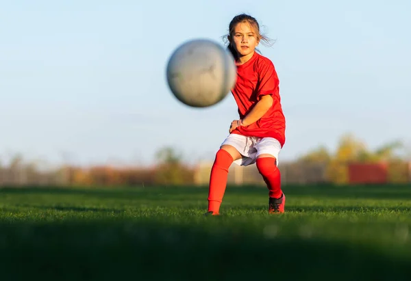 Girl Kicks Soccer Ball Soccer Field — Stock Photo, Image