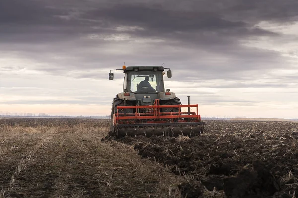 Trekker Ploegt Het Veld Avond Bij Zonsondergang — Stockfoto