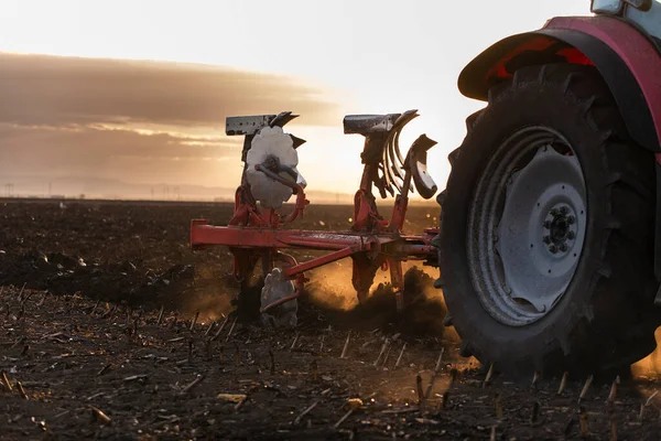 Traktor Plogar Fältet Kvällen Vid Solnedgången — Stockfoto