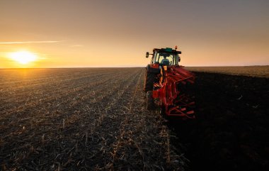  tractor plows the field in the evening at sunset. clipart