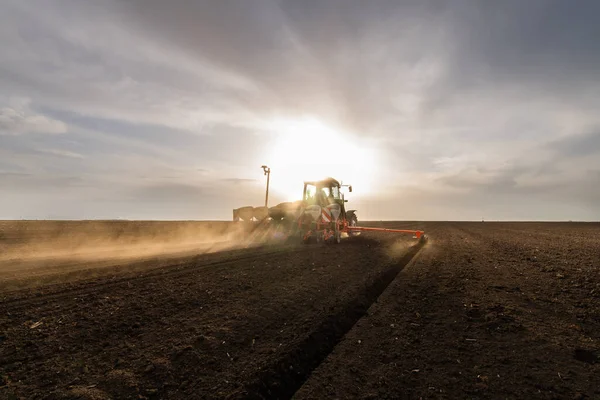 Agricultor Com Semeadura Tratores Semeando Culturas Campo Agrícola Plantas Trigo — Fotografia de Stock