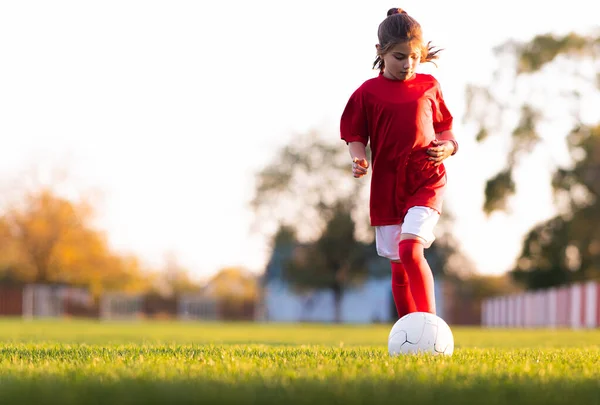 Girl Kicks Soccer Ball Soccer Field — Stock Photo, Image