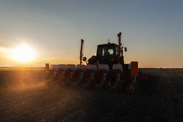 Farmář Výsevem Traktoru Výsev Plodin Zemědělském Poli Rostliny Pšenice — Stock fotografie