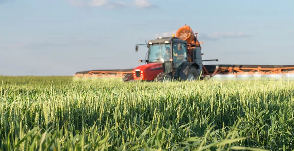 Traktor versprüht Weizen — Stockfoto