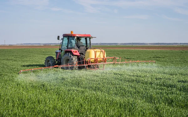 Trattore a spruzzo campo di grano — Foto Stock