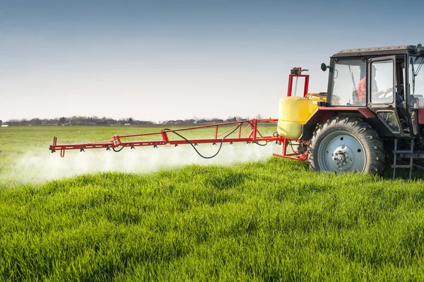 Tractor spraying wheat field — Stock Photo, Image