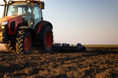 Traktör sürme çiftliği akşam yeni ekin ekimi için toprağı hazırlıyor..