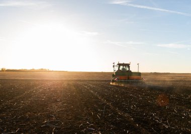 Traktör tohumu eken bir çiftçi. Tarım tarlasına ekin ekiyor. Bitkiler, buğday.