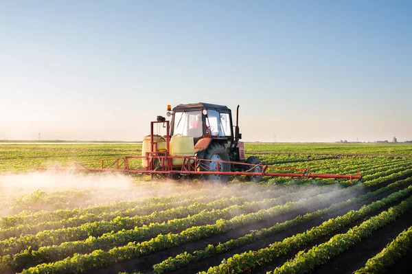 Traktor permetezés szója mező — Stock Fotó