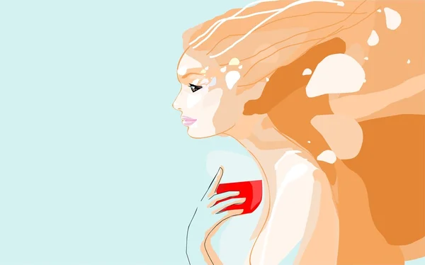 赤カップを持つ若い女性の肖像画 — ストックベクタ