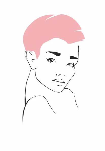 Portret kobiety jest rysowany liniami z różowymi włosami — Wektor stockowy