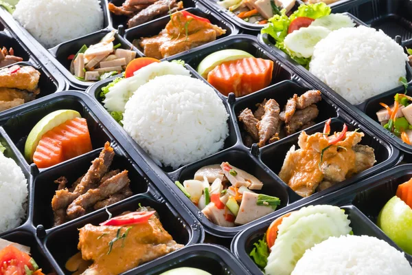 Listo Para Comer Caja Arroz Asiático Comida Tailandesa Moderna Cajas — Foto de Stock