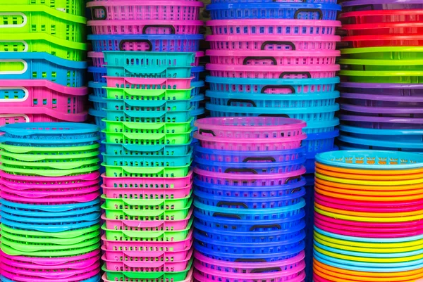 Colorful recycled plastic buckets. — Stock Photo, Image