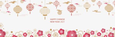 2021 Çin yılbaşı unsurlu yatay afiş. Vektör çizimi. Modern tarzda desenli Çin fenerleri, geometrik dekoratif süsler..