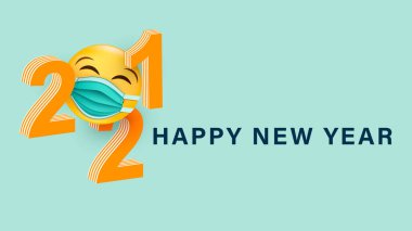 Mutlu yıllar 2021.3d rakamları. Tıbbi maskeli, gülümseyen sarı bir yüzü var. Kutlama kartpostalı. Vektör